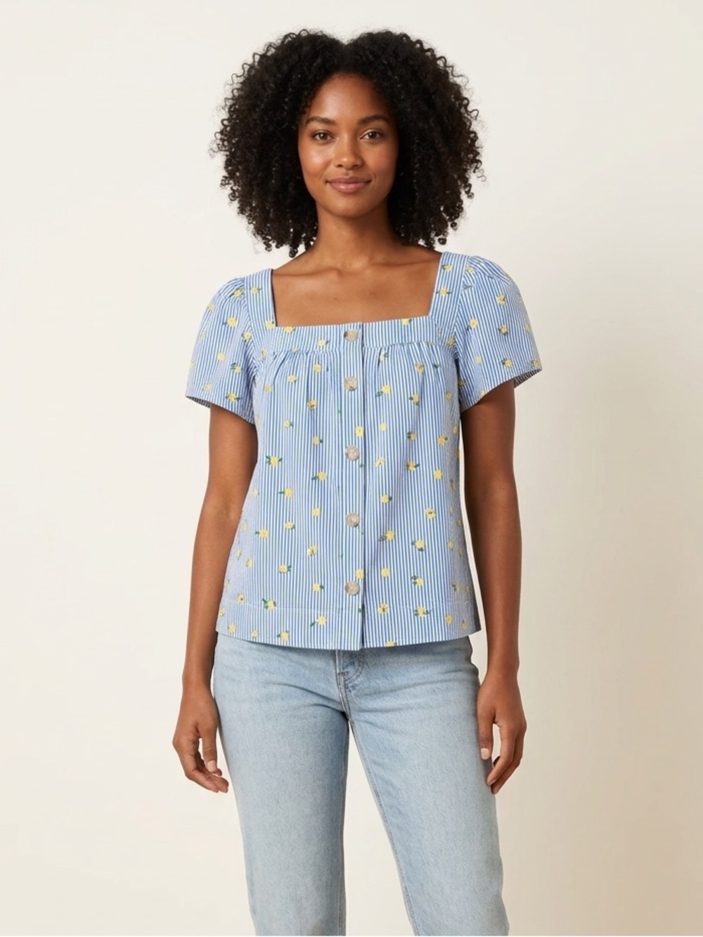 J. Crew Blue Striped Lemon Print Square Neck Puff Sleeve Top Size Small